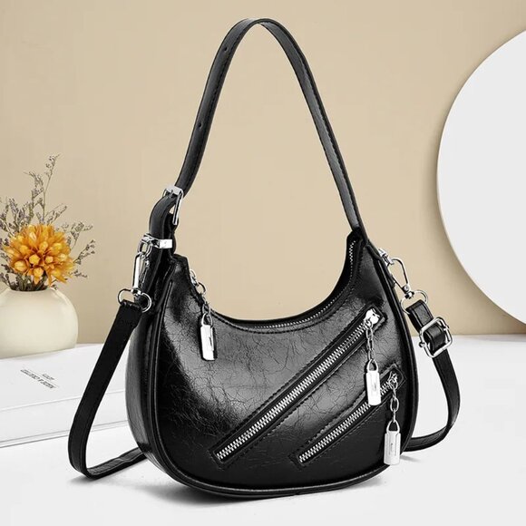 Women's Diagonal Zipper Leather Shoulder Bag - Picture 1 of 5